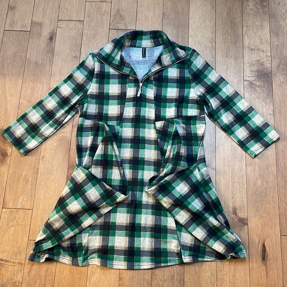 Lavena womens tartan dress top M green black checker big pockets collar zipper - Picture 6 of 11